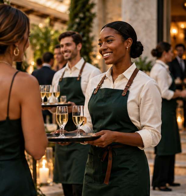 Crew & Cork waitrons serving guests at an evening event